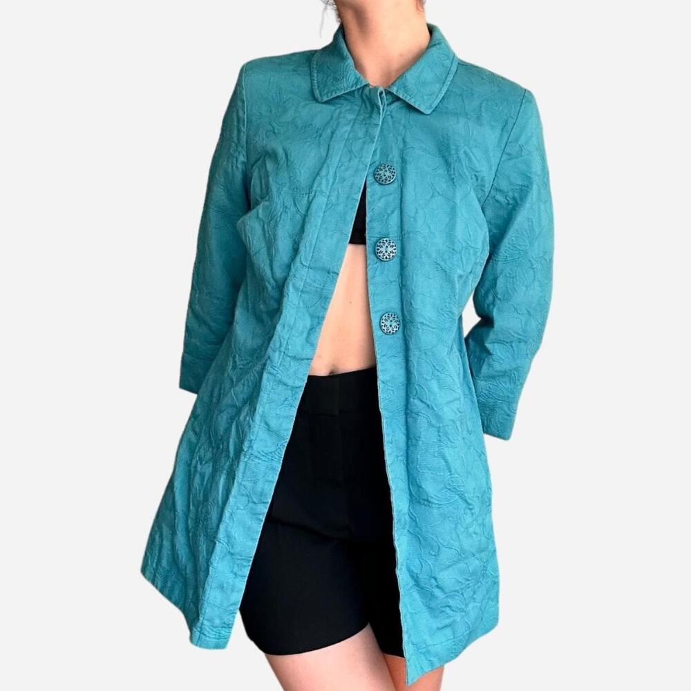 Longline blue blazer trench short sleeve big buttons - size 0 Chicos